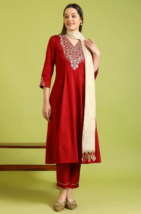 dark red solid metallic emnbroidery anarkali kurta, pants and dupatta set