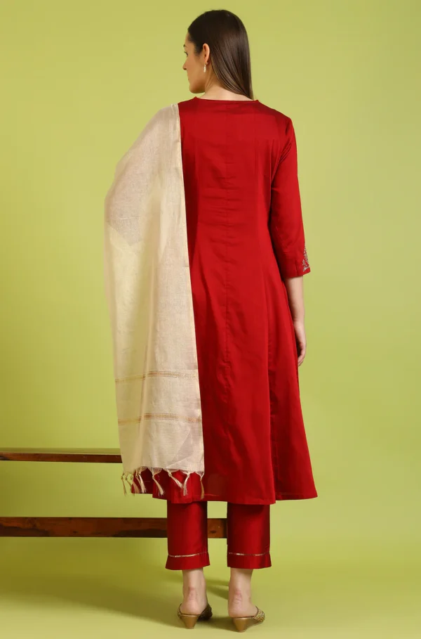 dark red solid metallic emnbroidery anarkali kurta, pants and dupatta set