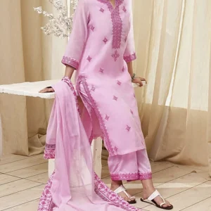pink embroidered straight suit set