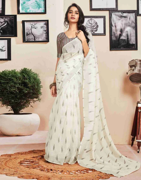 ready to wear white cotton printed saree