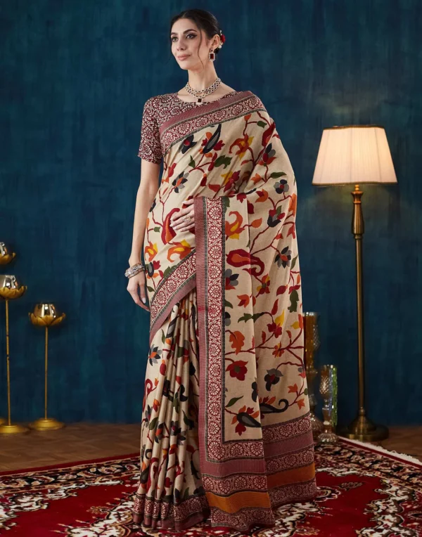 beige floral printed silk saree