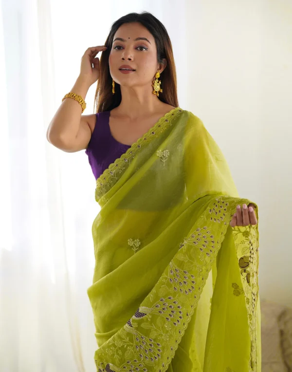 mustard green silk sequence embroidery saree