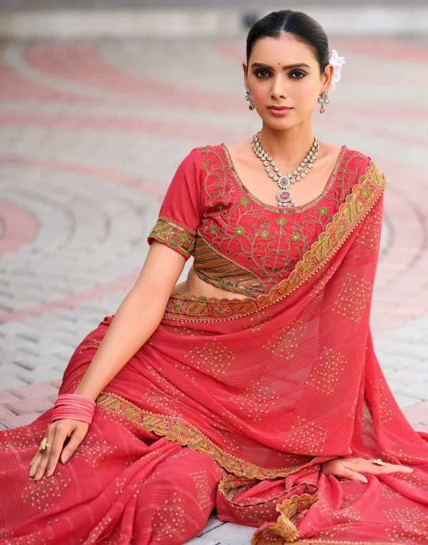 peach georgette printed bandhani saree