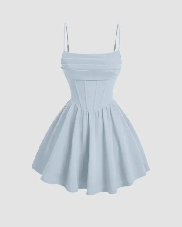 pleated waist cami short dress in ice blue