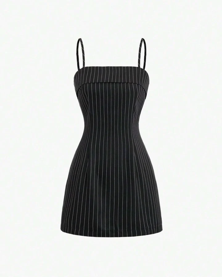 striped shirt with lapel collar & spaghetti strap dress set