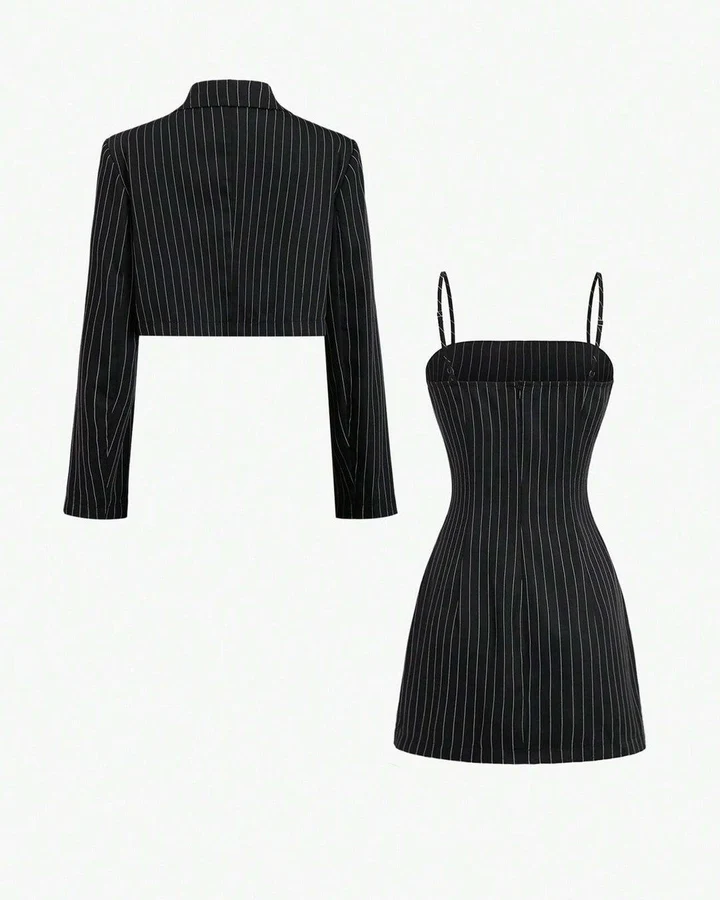 striped shirt with lapel collar & spaghetti strap dress set